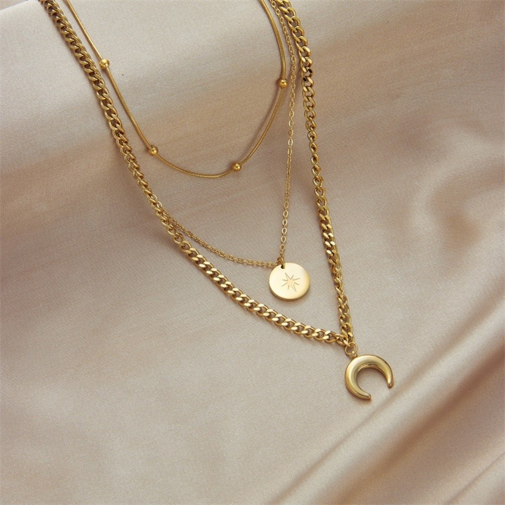 Boutique Layered Necklace Women OS Gold Celestial Moon Star Disc Multi Strand - Picture 2 of 6